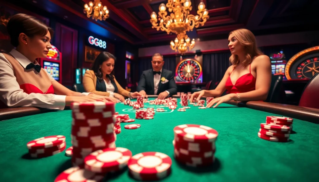 GG88 gaming table with players engaged in an exciting poker game, showcasing vibrant poker chips.