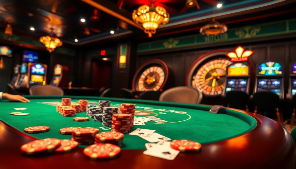 HITCLUB poker players focused on winning at an elegant casino table, surrounded by colorful chips and cards.