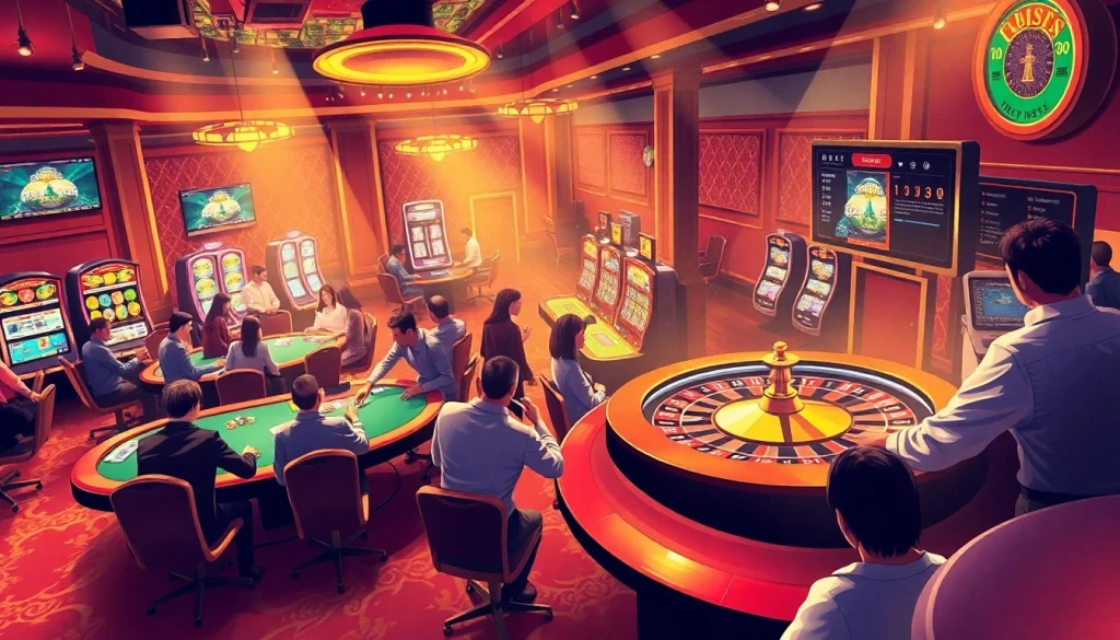 Kèo Nhà Cái 5 showcases players intensely competing at a stylish poker table in a vibrant casino atmosphere.
