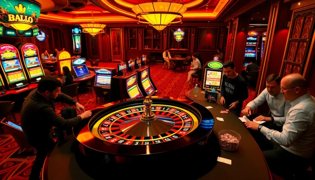 Nohu90 celebrates thrilling casino games with players at roulette and slot machines.