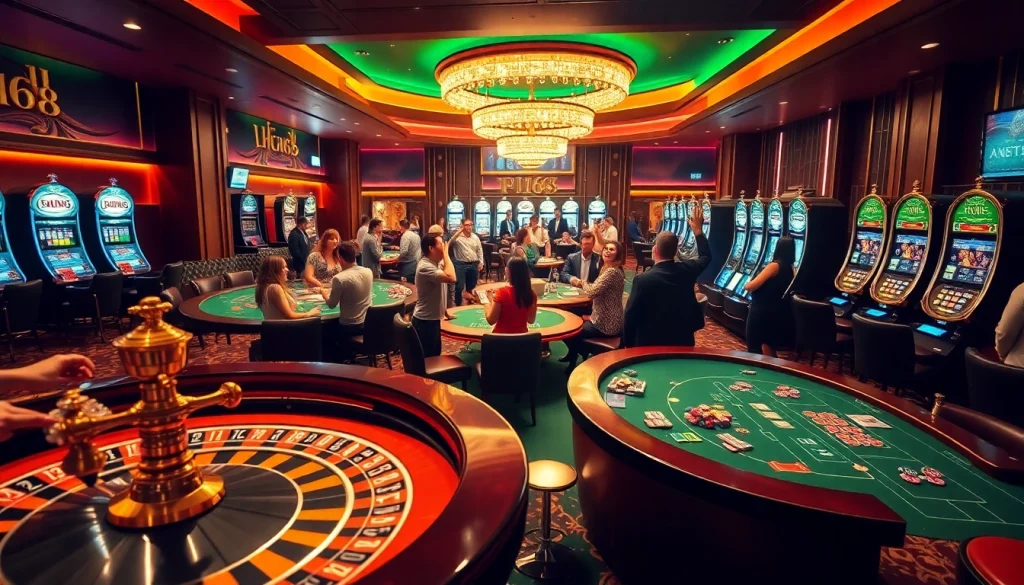 Experience F168 with players enjoying roulette and poker in a vibrant casino atmosphere.